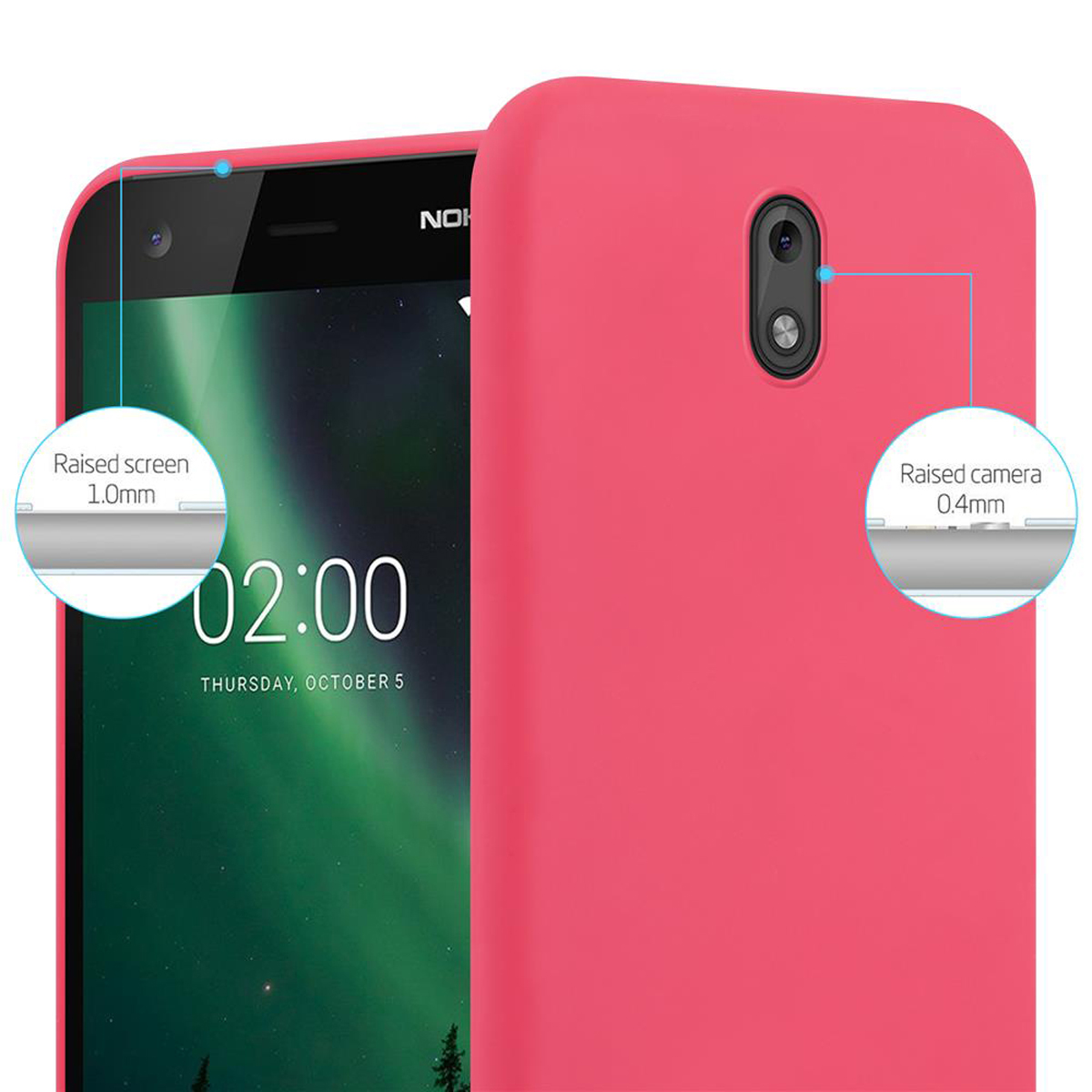 Telefono rosa con ora visualizzata. Schermo e fotocamera rialzati sono indicati con cerchi.