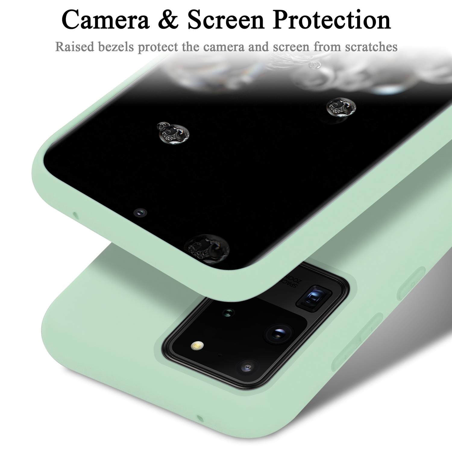 Eine Handyhülle mit erhöhtem Rahmen. Der Text lautet 'Camera & Screen Protection'. Wassertropfen auf dem Bildschirm.