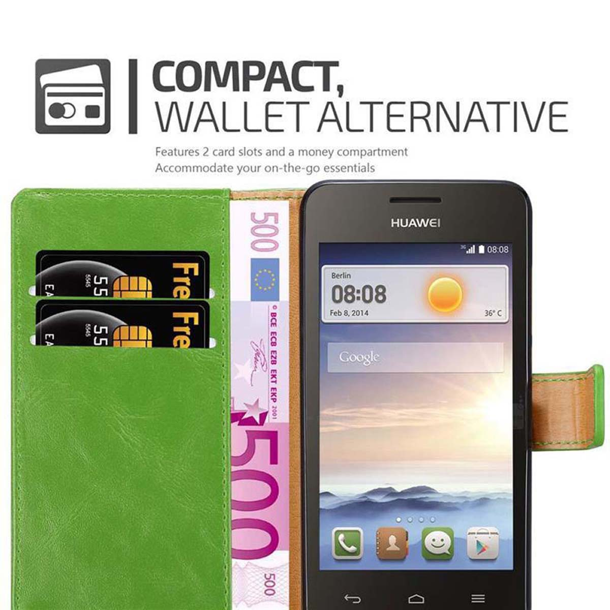 Alternativa al portafoglio, custodia portafoglio verde con carte e denaro, e telefono con app.