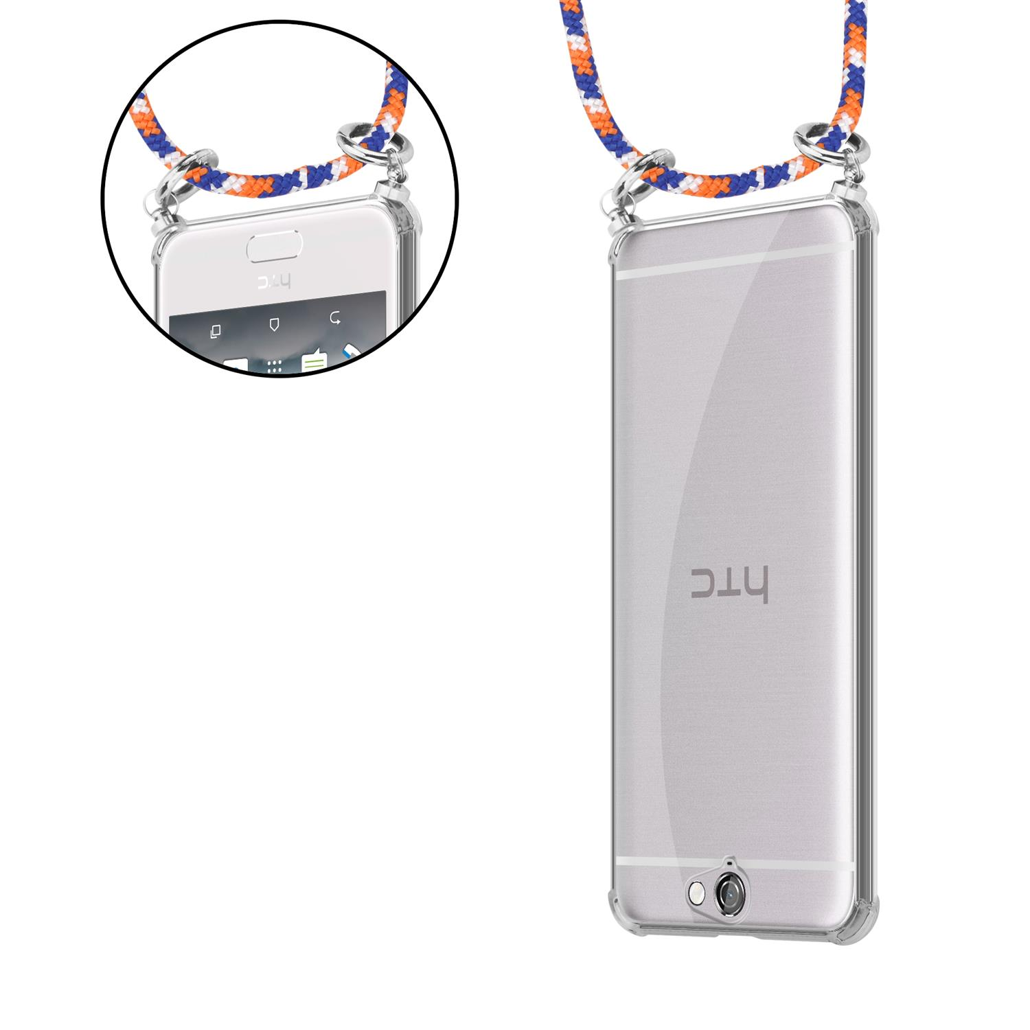 HTC, BLAU CADORABO Band Ringen, Backcover, und ORANGE Hülle, A9, ONE mit WEIß Silber abnehmbarer Kordel Handy Kette