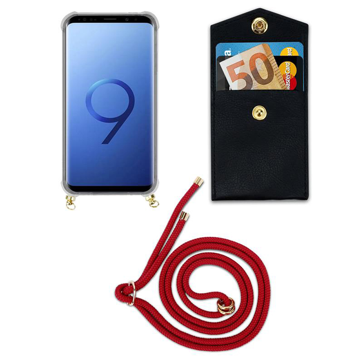 Telefono con custodia, portafoglio nero e corda rossa. Il portafoglio contiene carte e contanti.
