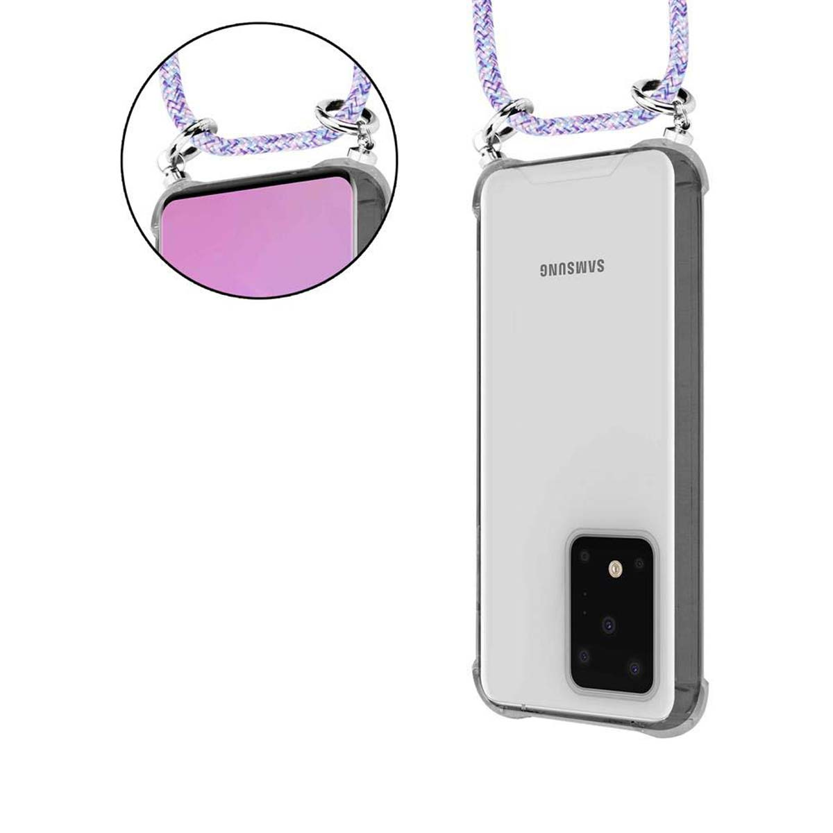 Custodia trasparente con cordino. Custodia con telefono. Cordino viola e dettagli del telefono.
