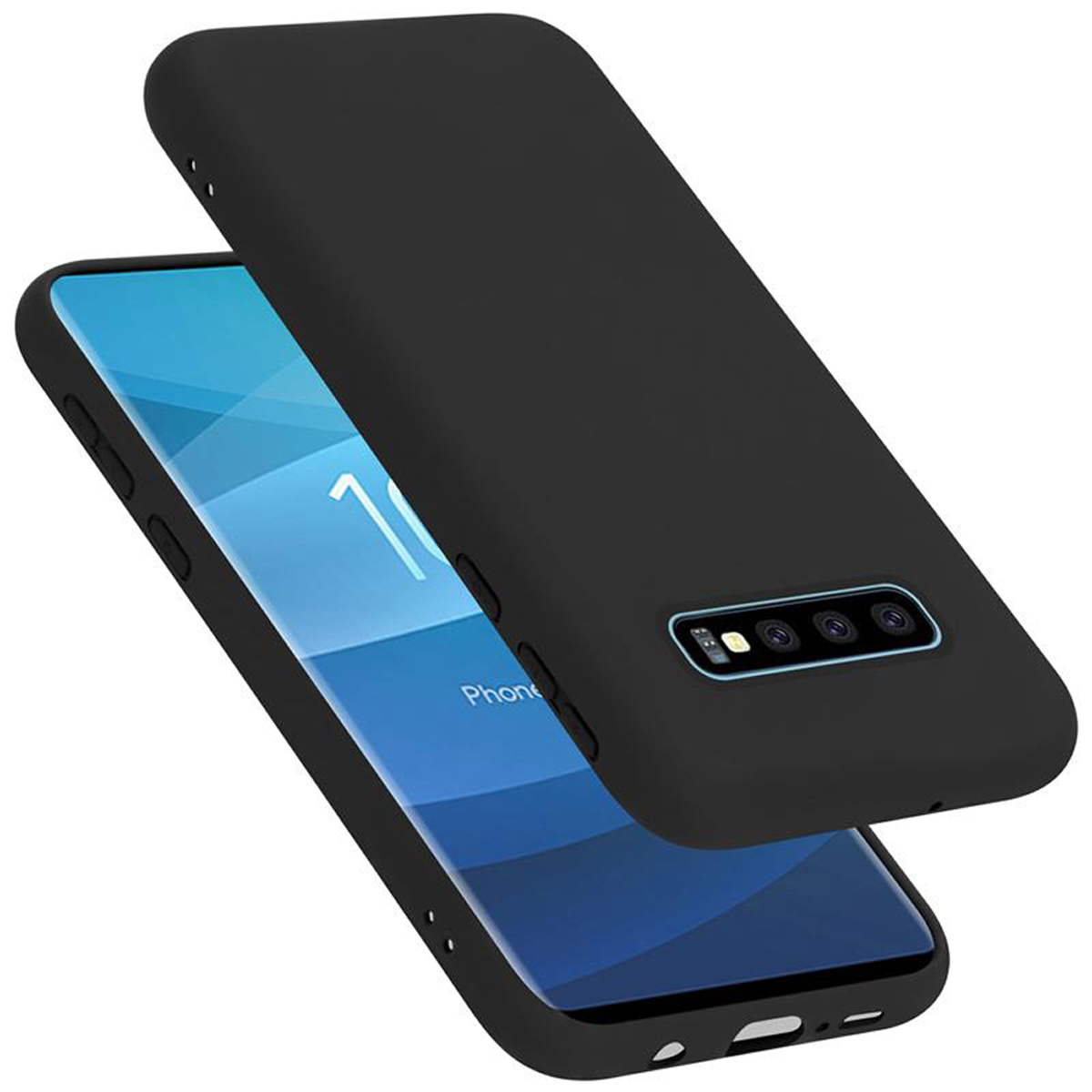 Ein schwarzes Telefon mit schwarzer Hülle. Der Hintergrund ist weiß.