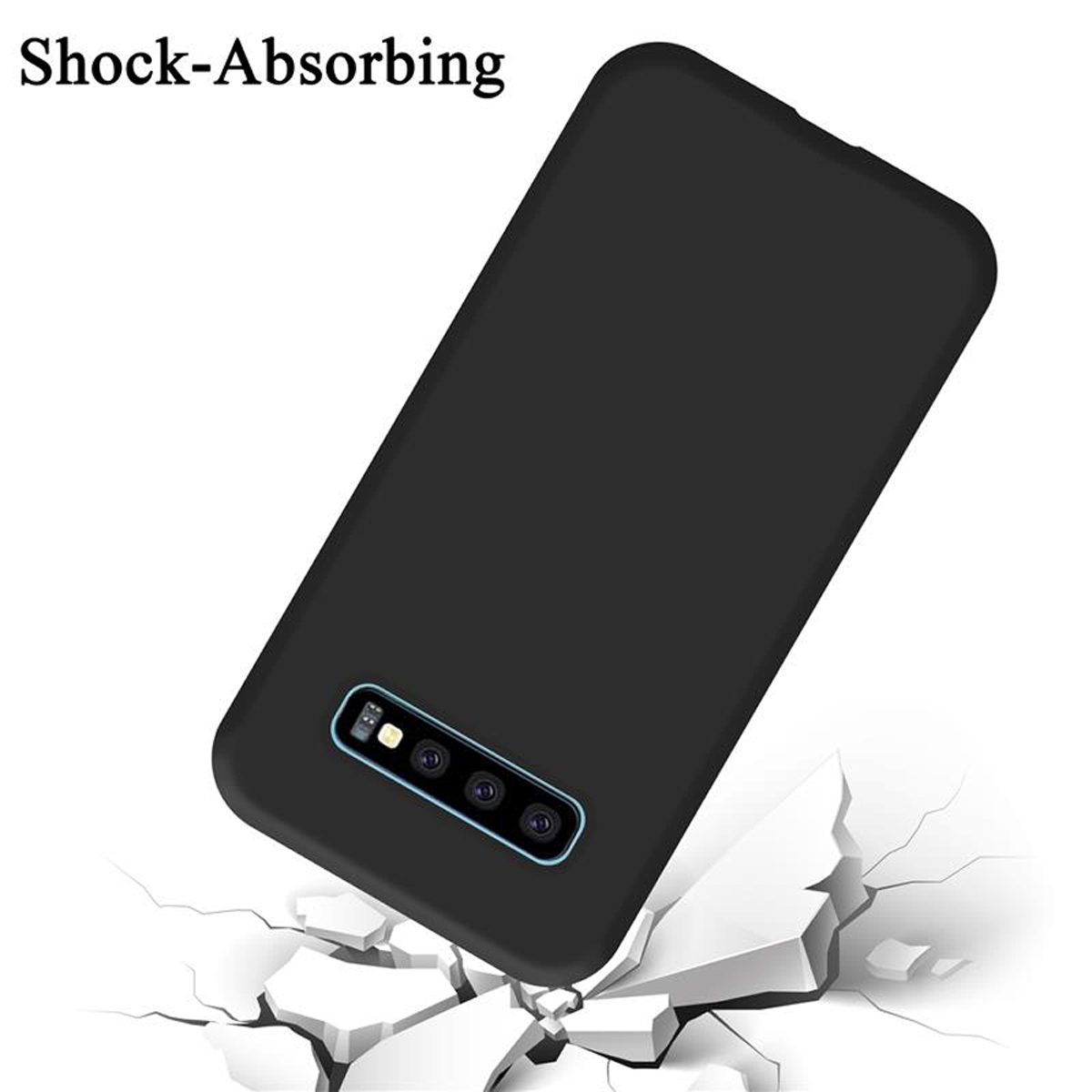 Schwarze Handyhülle mit einem Telefon, mit weißem Hintergrund. Die Worte „Stoßdämpfend“ stehen darüber.