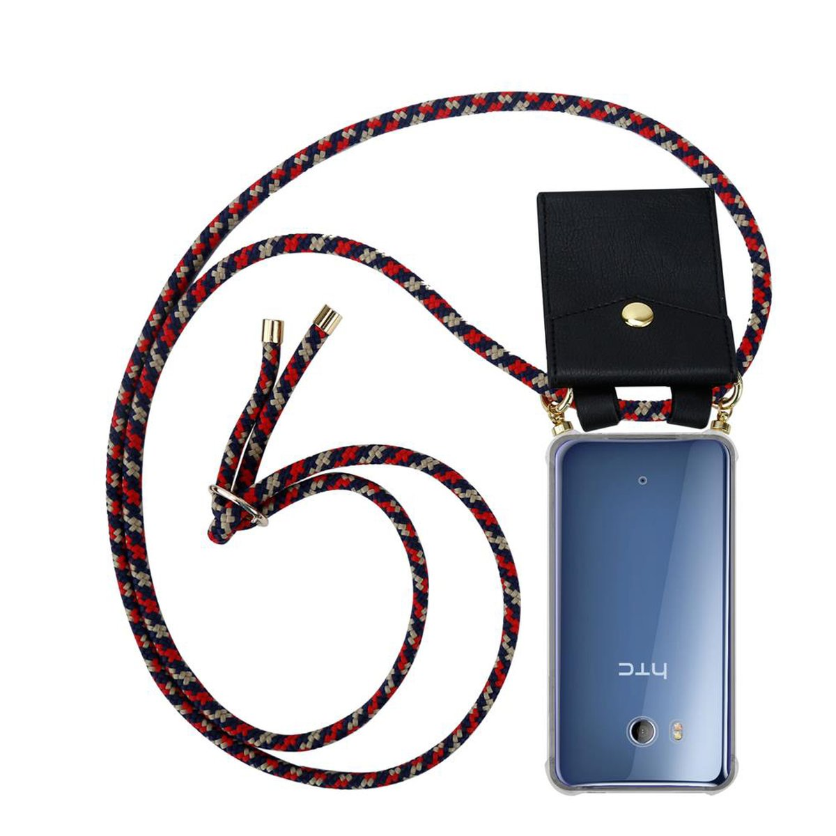 Ein Telefon mit durchsichtigem Gehäuse und einem Schlüsselband. Das Schlüsselband ist rot, marineblau und schwarz mit einer schwarzen Tasche.
