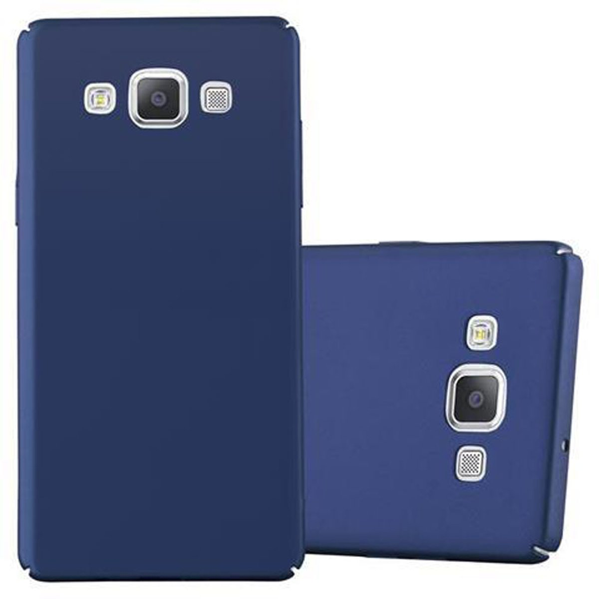 Funda de teléfono azul marino con dos teléfonos dentro. Los teléfonos están en posición vertical. El fondo es blanco.