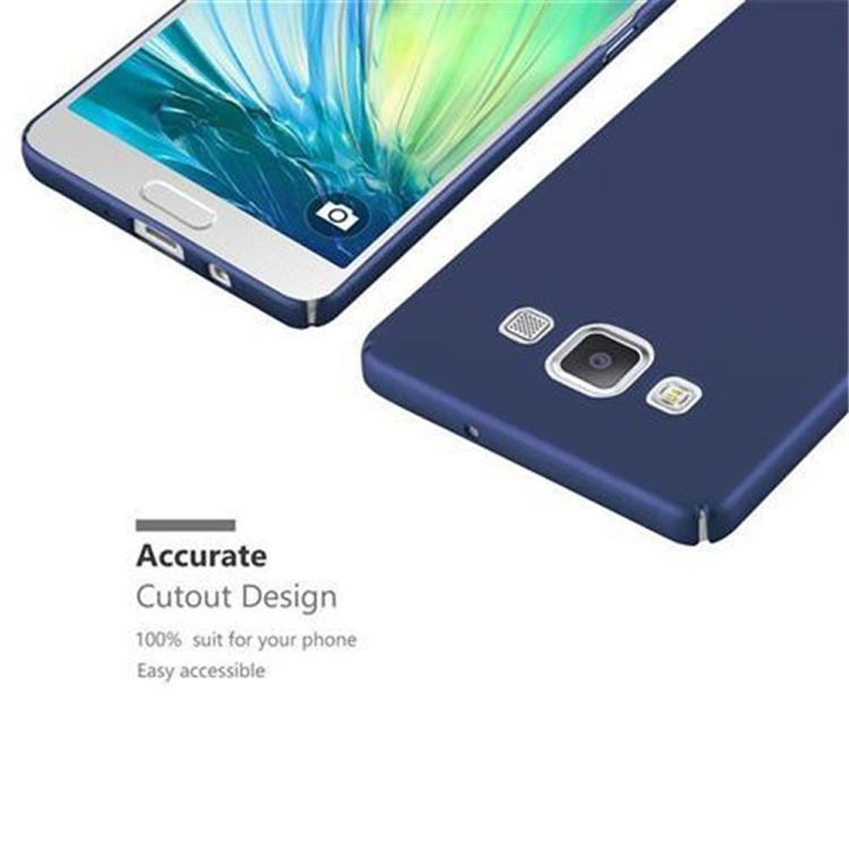 Dos fundas azules para teléfono, una boca arriba, otra con detalles de cámara y texto sobre el diseño.