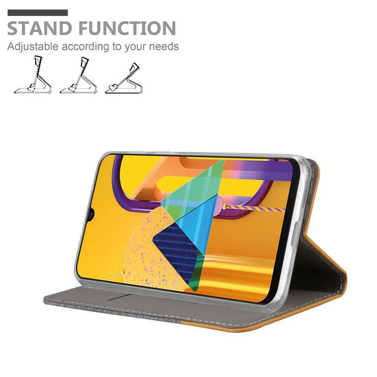 Telefon in einer Hülle, die sich öffnet. Das Telefon zeigt eine farbenfrohe Grafik. Text: 'Stand Function'.