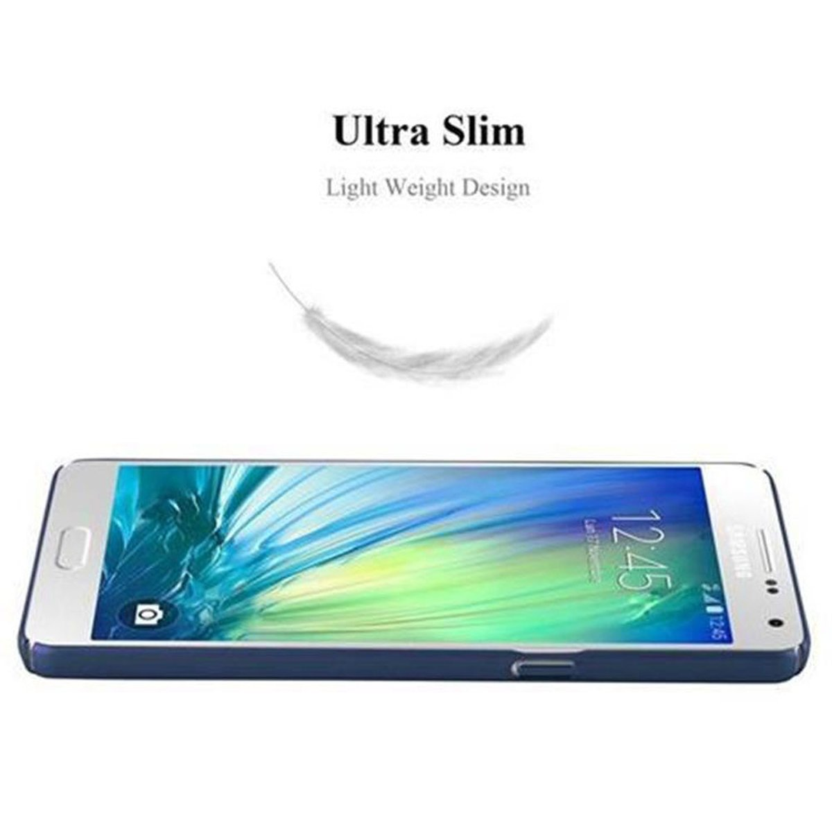 Funda azul para teléfono con teléfono dentro, con las palabras 'Ultra Slim' y una pluma blanca arriba.
