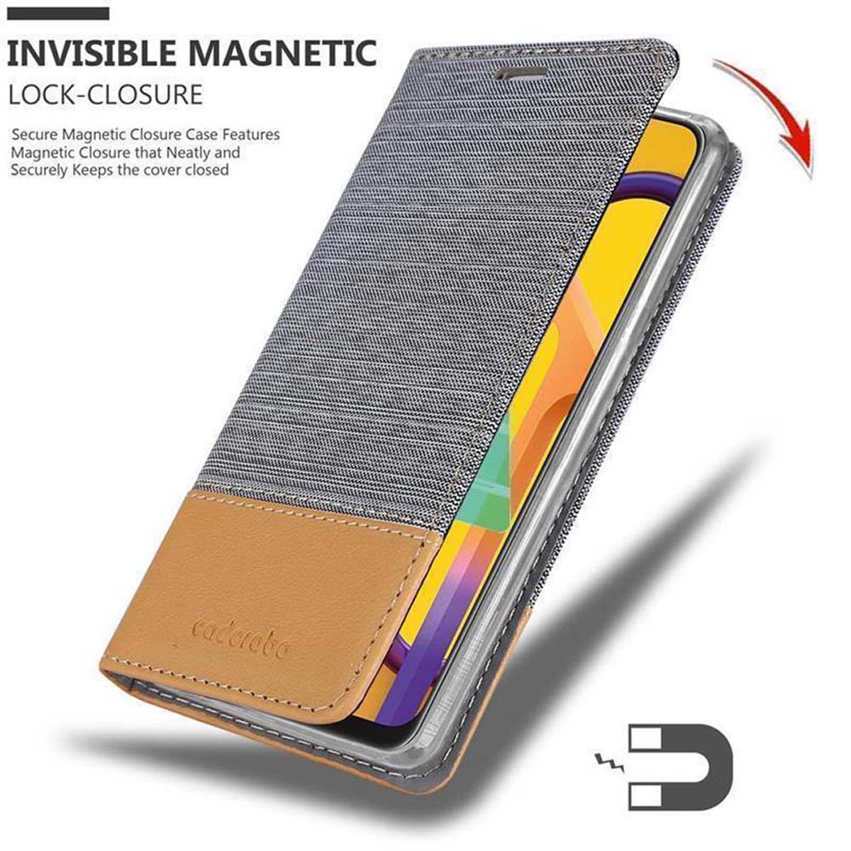 Eine Handyhülle mit geschlossenem Deckel, mit Details zum Magnetverschluss.