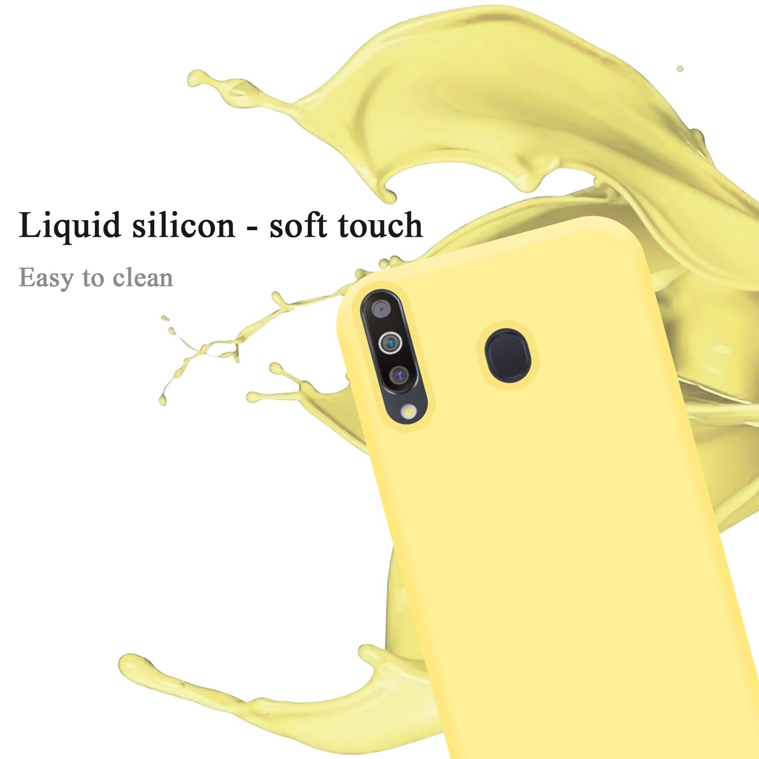 Una funda amarilla con teléfono. Texto: 'Liquid silicon - soft touch' y 'Easy to clean'.