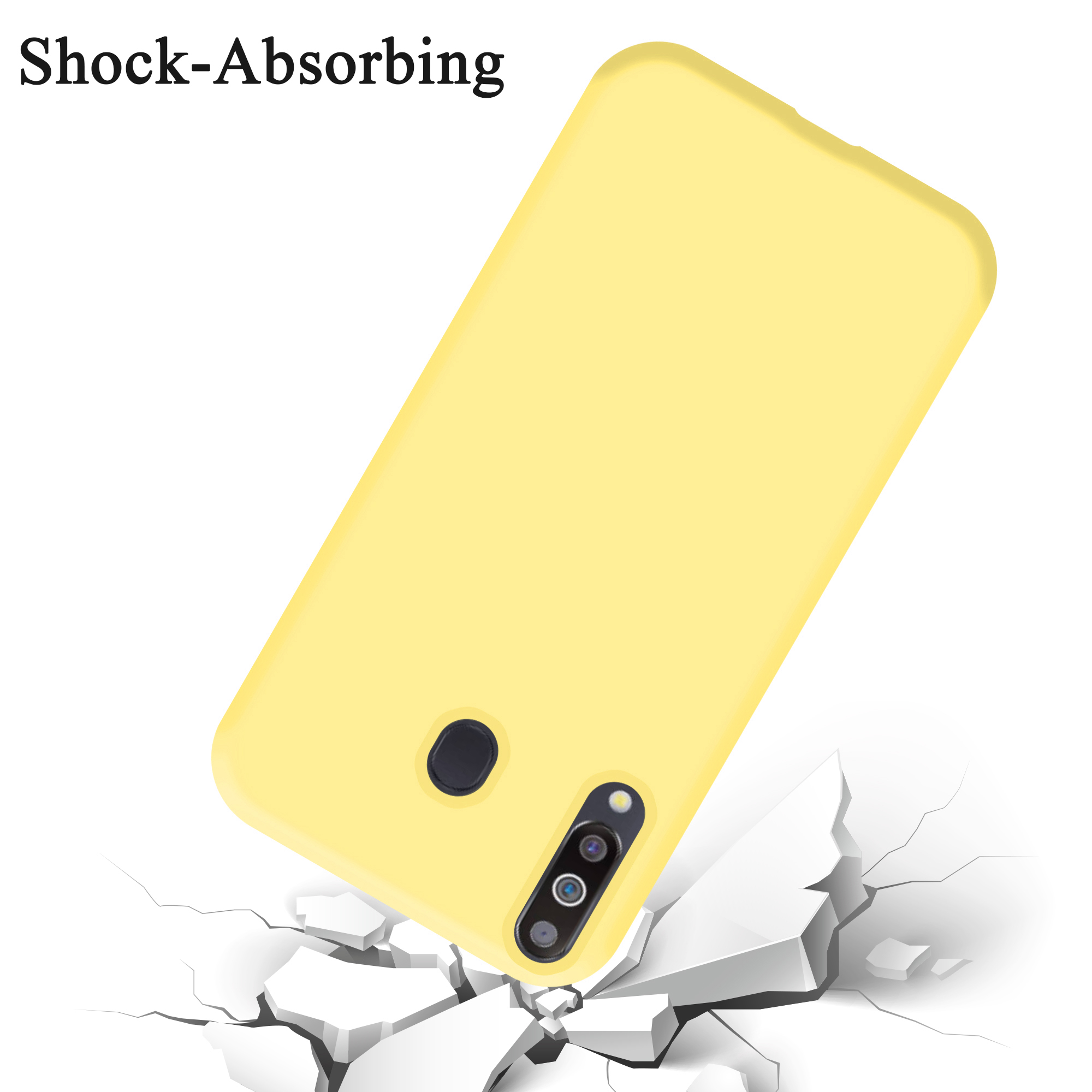 Funda de teléfono amarilla cayendo sobre un suelo agrietado. Texto: "Absorción de impactos" arriba.