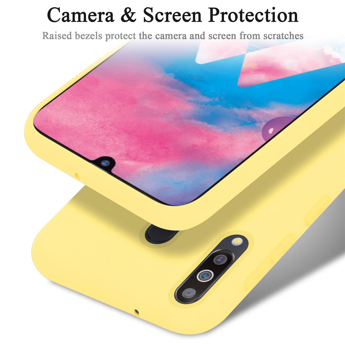 Una funda amarilla con un teléfono dentro. Texto: Camera & Screen Protection. Tiene una pantalla colorida.