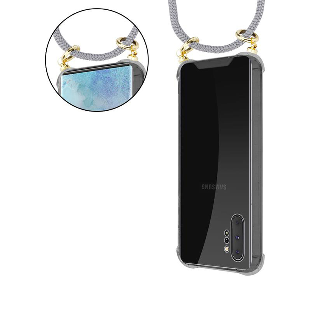 CADORABO Handy Kette mit NOTE Kordel Ringen, Hülle, GRAU Gold Band Backcover, SILBER Galaxy Samsung, PLUS, und abnehmbarer 10