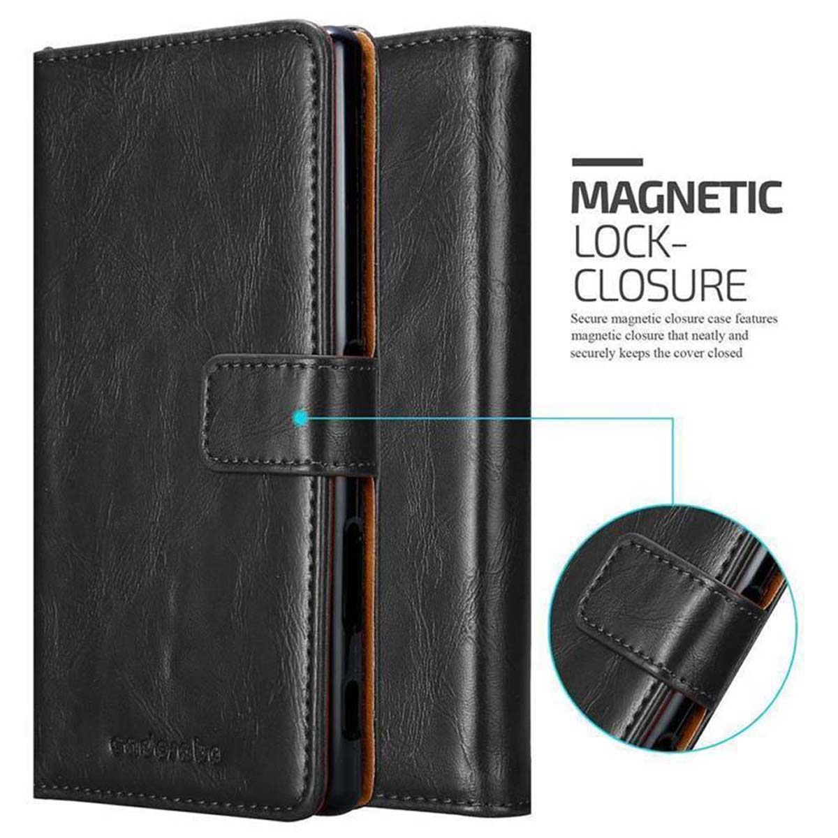 Custodia per telefono nera con chiusura magnetica. La custodia è chiusa, con un piccolo schema della chiusura.