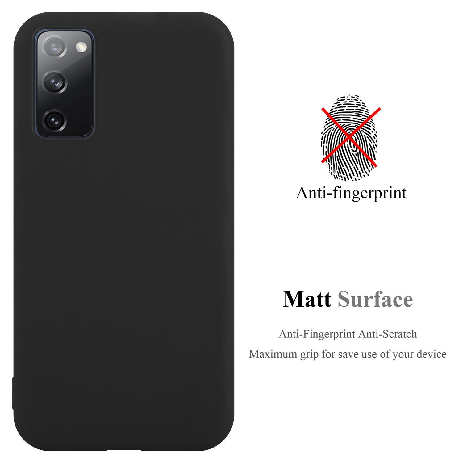 Custodia nera per telefono con un telefono all'interno. Testo: Anti-impronta, superficie opaca, massima presa.