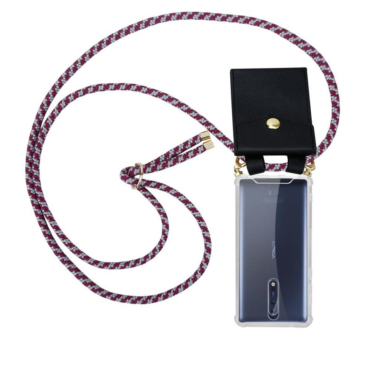 Telefon mit Lanyard. Schwarze Hülle mit lila Seil. Weißer Hintergrund.
