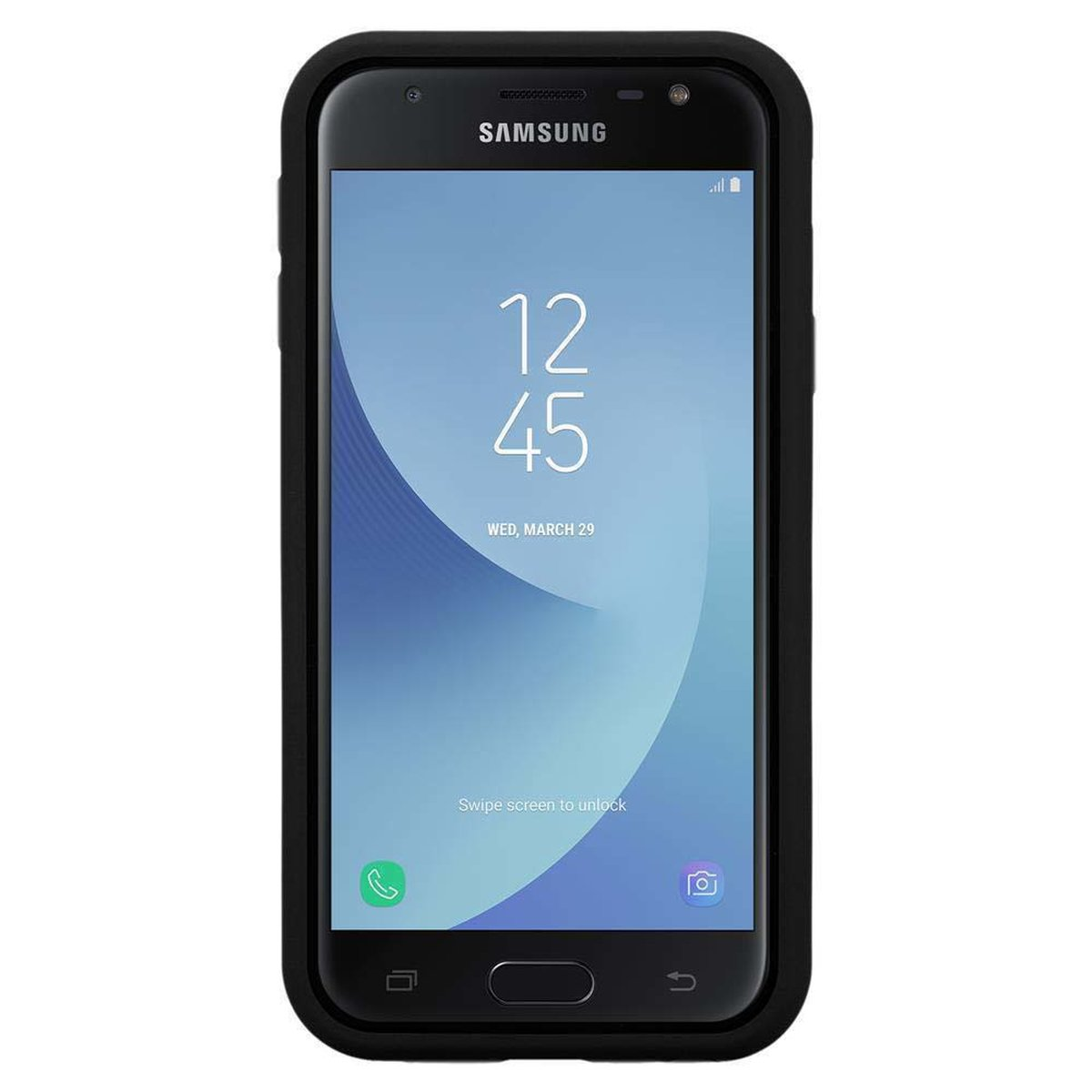 Ein schwarzes Telefon in einer schwarzen Hülle. Der Bildschirm zeigt die Uhrzeit, Symbole und Samsung Logo.