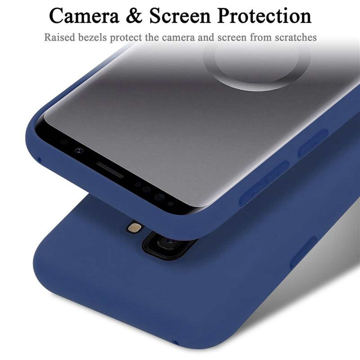 Nahaufnahme einer blauen Handyhülle über einem Telefon. Text: Kamera- und Bildschirmschutz.