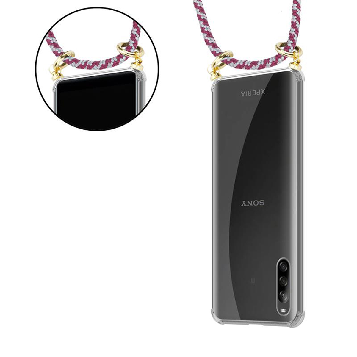 Una custodia per telefono con cordino. Il telefono è nero. Il cordino è bianco e rosso.