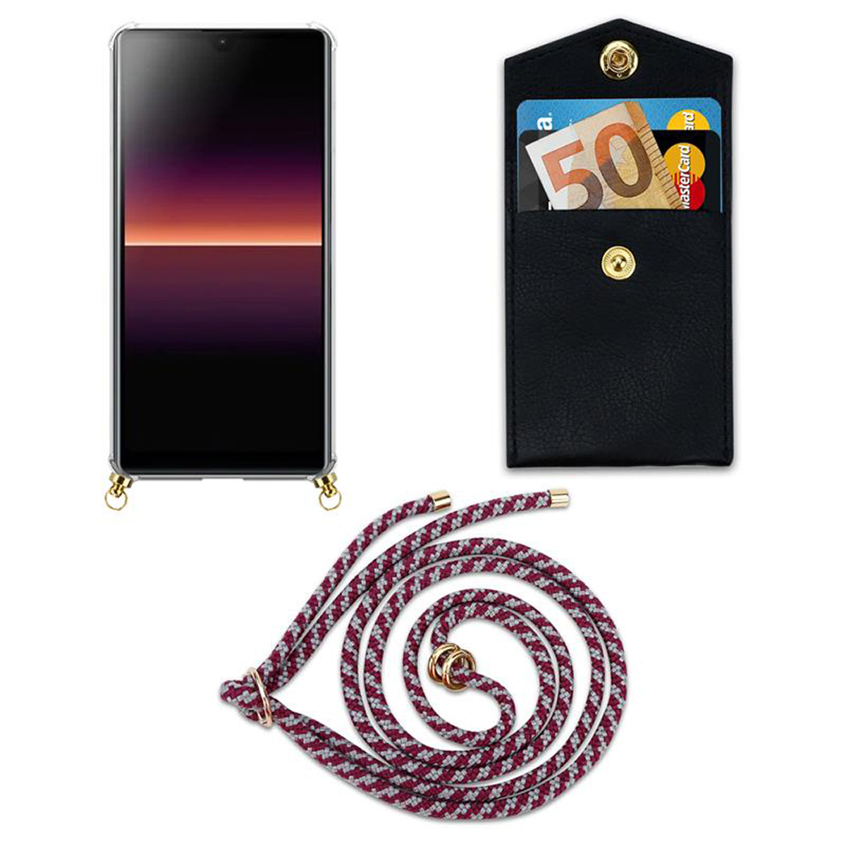 Gold Sony, L4, Xperia Band Backcover, Kette Kordel Hülle, mit abnehmbarer CADORABO Handy ROT WEIß Ringen, und