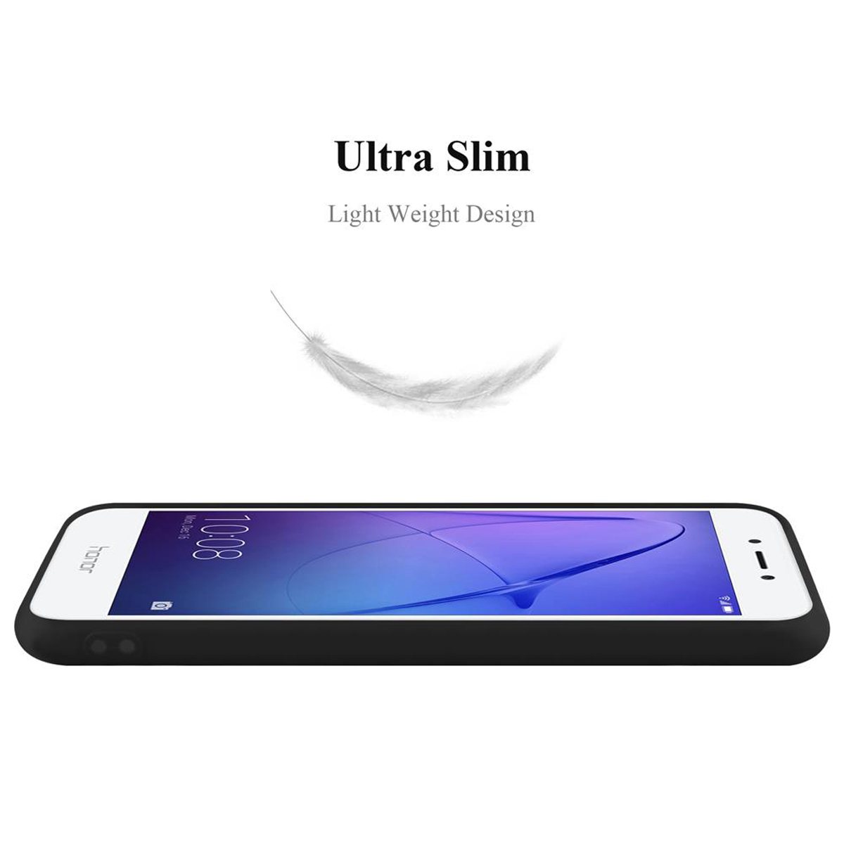 Un telefono nero con testo 'Ultra Slim' e grafica di piuma bianca. Il telefono è sdraiato, mostrando lo schermo.