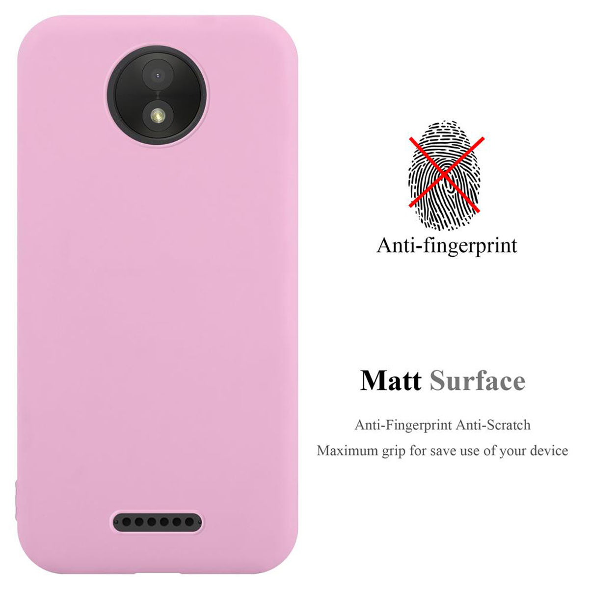 Custodia rosa per telefono con foro per fotocamera e le parole 'Anti-fingerprint' e 'Matt Surface'.