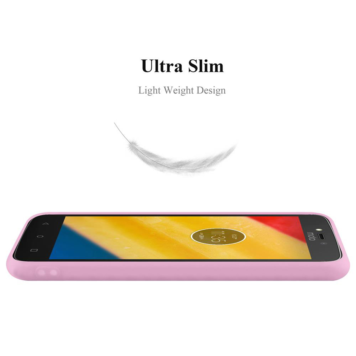 Telefono rosa sdraiato, con le parole "Ultra Slim Light Weight Design" e una piuma.