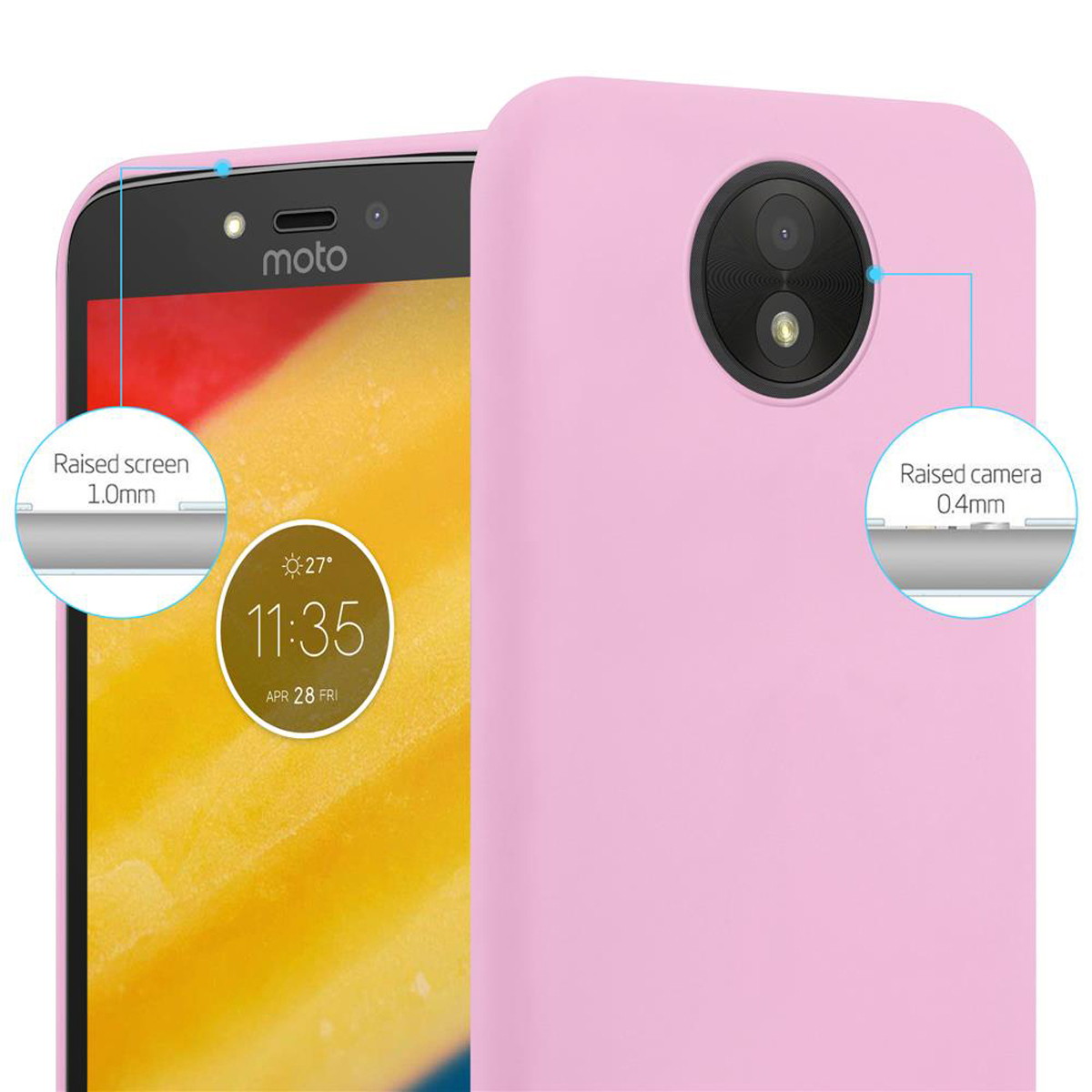 Una custodia per telefono rosa con un telefono all'interno. Primi piani mostrano i dettagli dello schermo e della fotocamera rialzati.