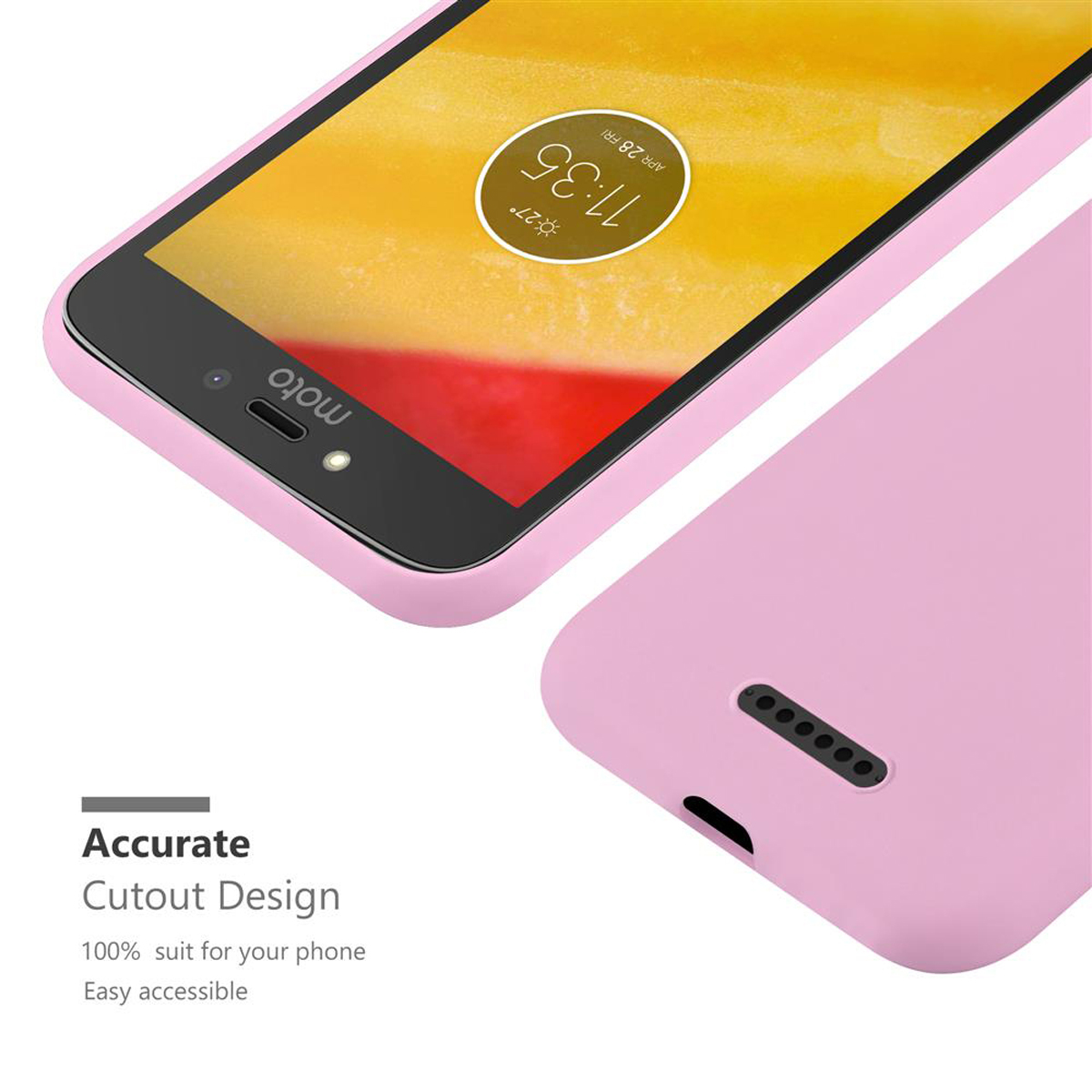 Custodia rosa per telefono rosa. Testo: Design con ritaglio accurato. Telefono visibile.