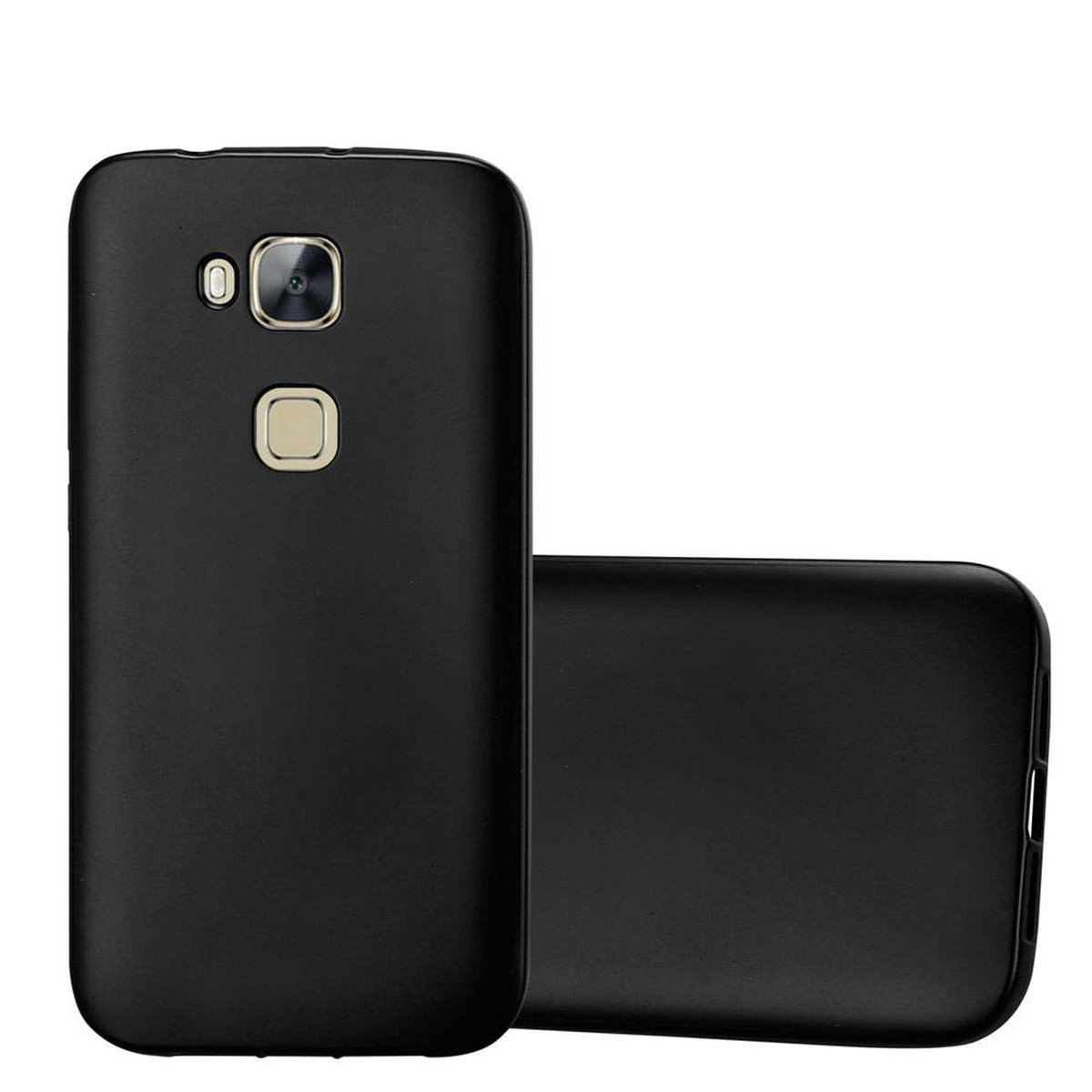 Un teléfono negro con una funda negra. El fondo es blanco.
