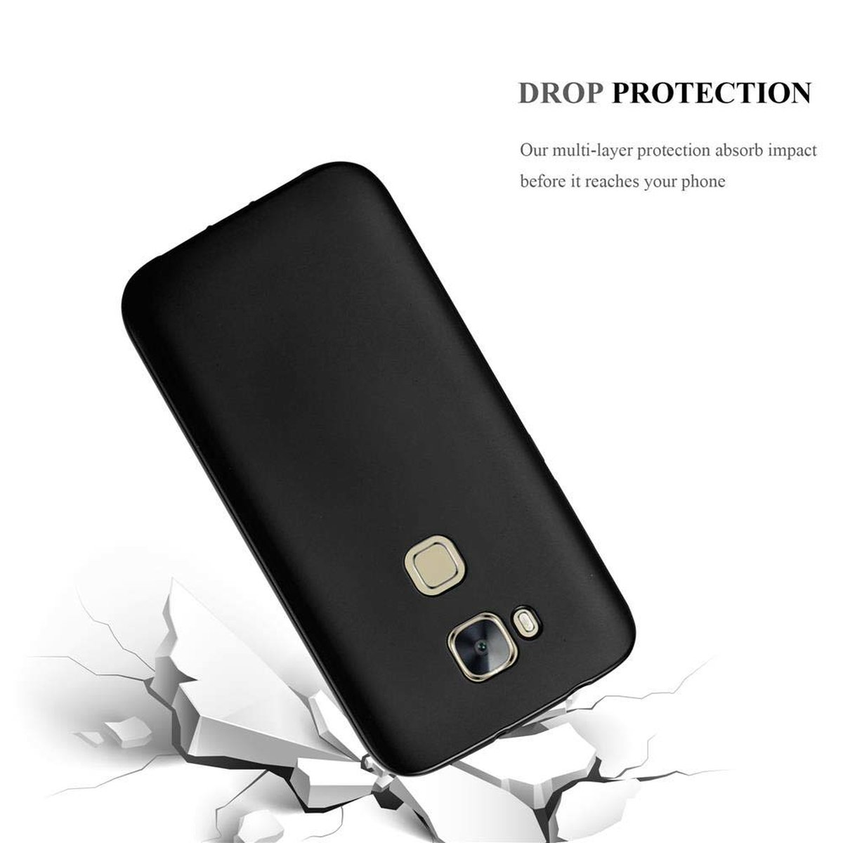 Funda de teléfono negra cayendo sobre un suelo agrietado. El texto en la parte superior dice 'DROP PROTECTION'.