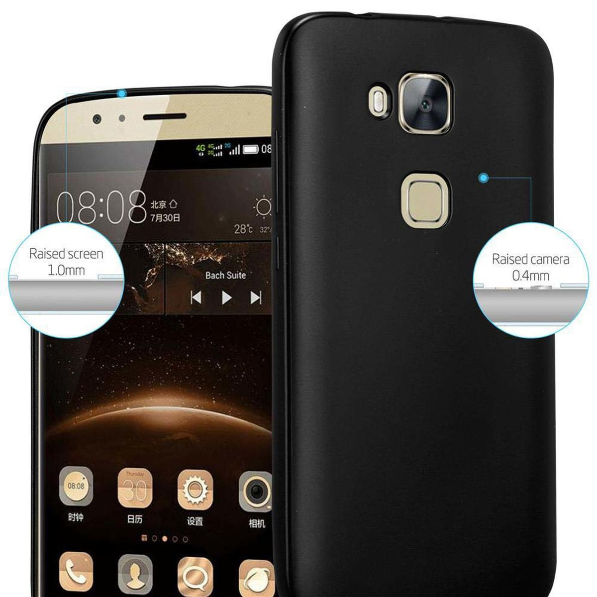 Una funda negra con una pantalla que muestra la hora y la fecha. El teléfono tiene una cámara elevada.