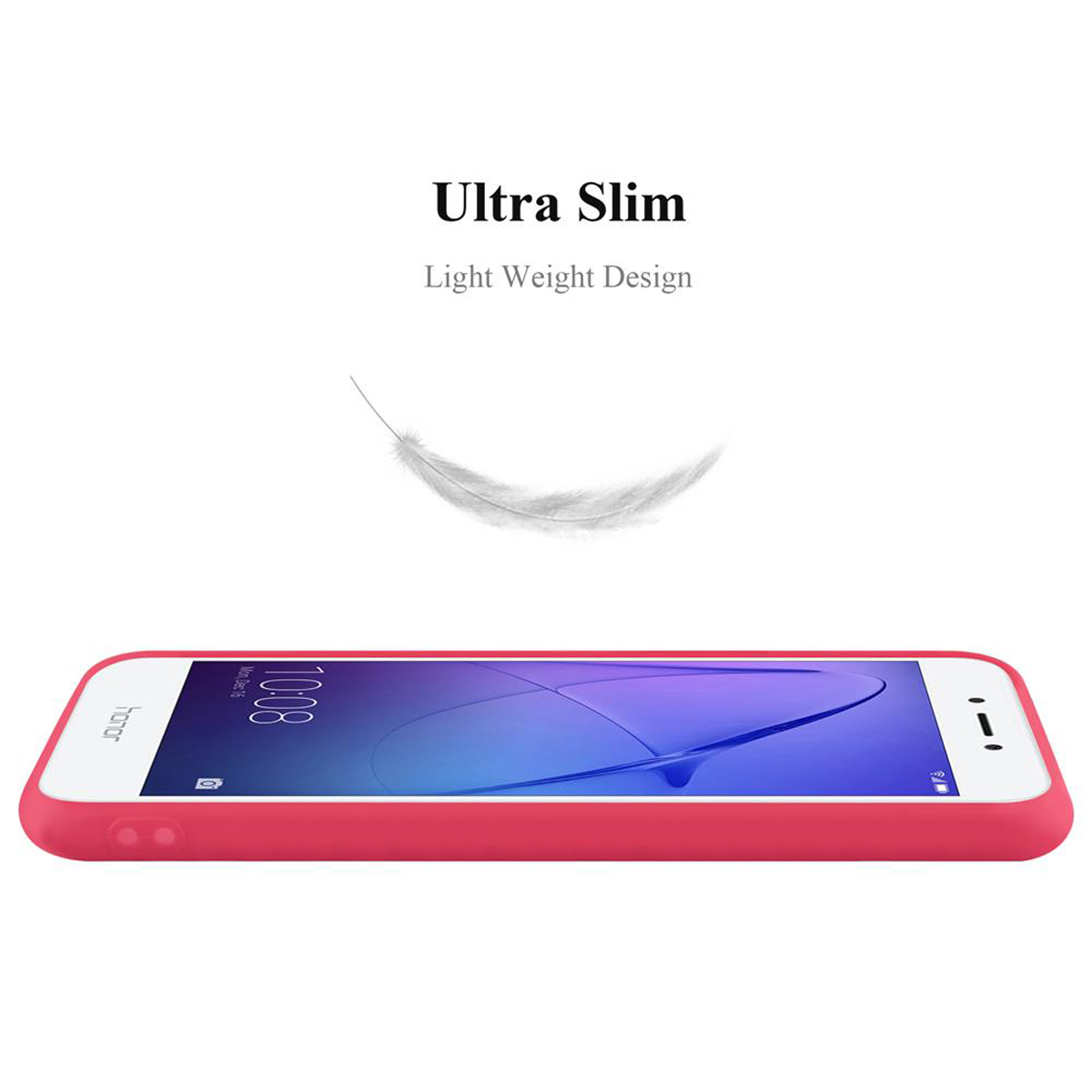 Custodia rossa per telefono con una piuma leggera fluttuante sopra. Il testo recita 'Ultra Slim'.