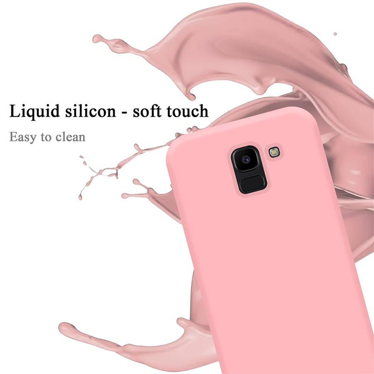 Rosa Handyhülle mit Kameraloch, Spritzer rosa Flüssigkeit im Hintergrund. Text: Flüssiges Silikon, Soft-Touch, leicht zu reinigen.