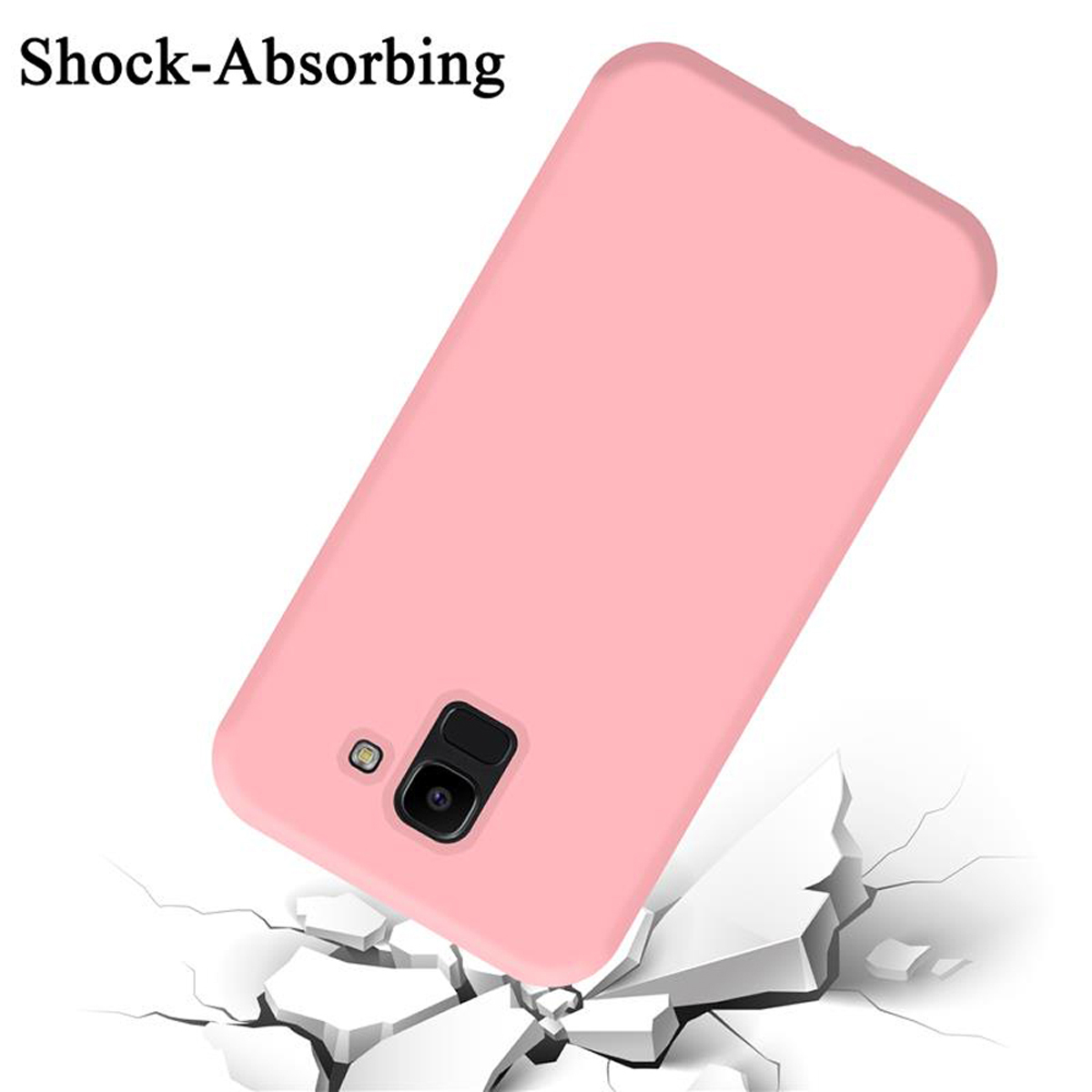 Eine rosa Handyhülle fällt. Die Hülle hat einen Kameraausschnitt, mit dem Wort 'Shock-Absorbing' oben.