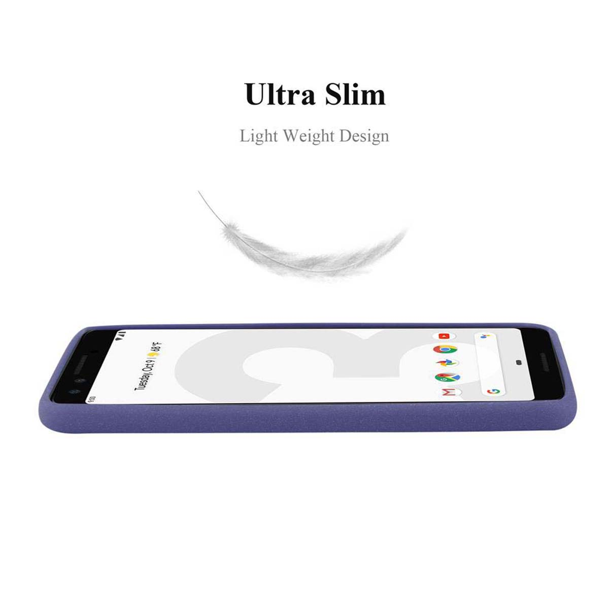 Un telefono con una custodia viola su sfondo bianco, con testo 'Ultra Slim' e una piuma.