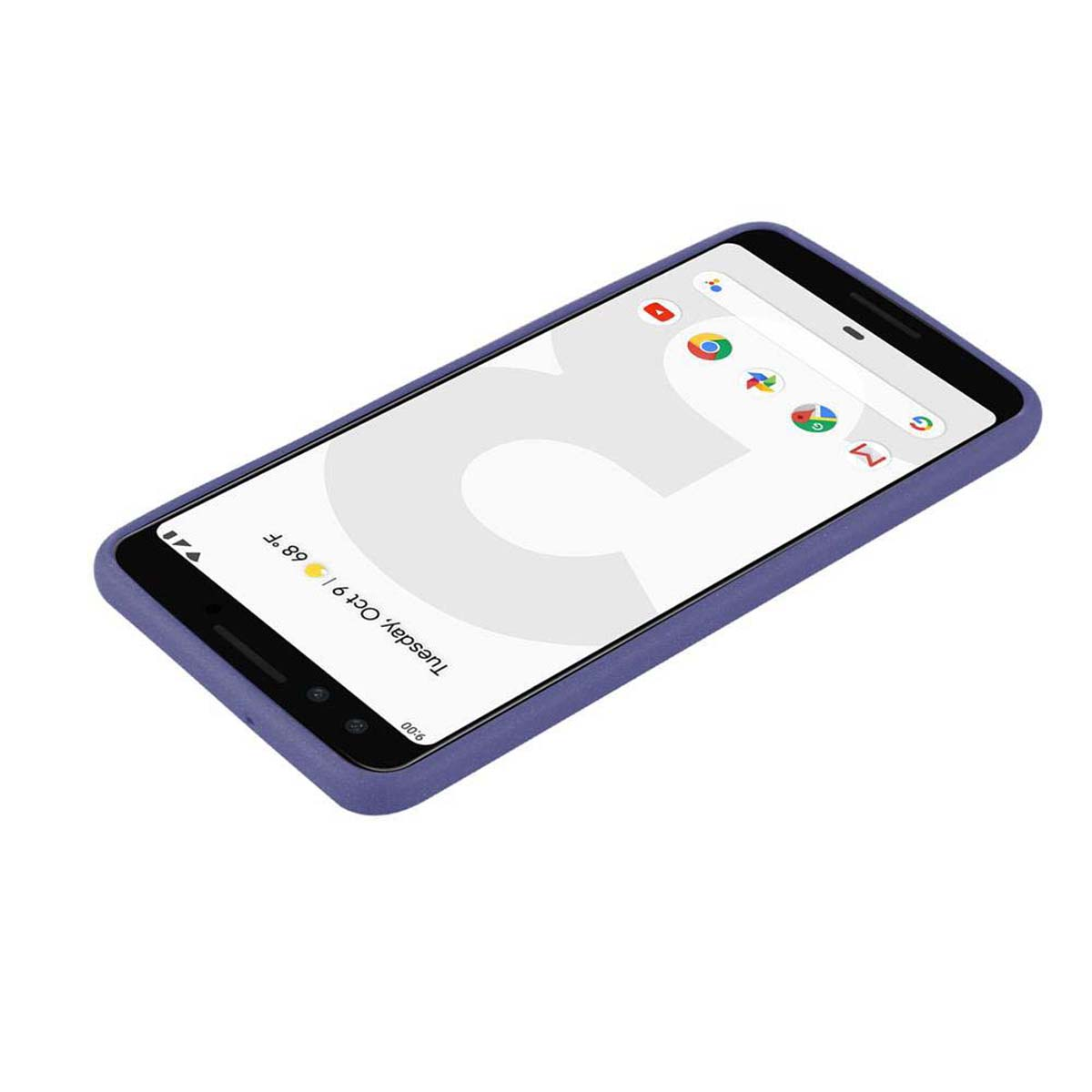 Custodia viola con telefono all'interno, su sfondo bianco. Il telefono mostra l'ora e le app.
