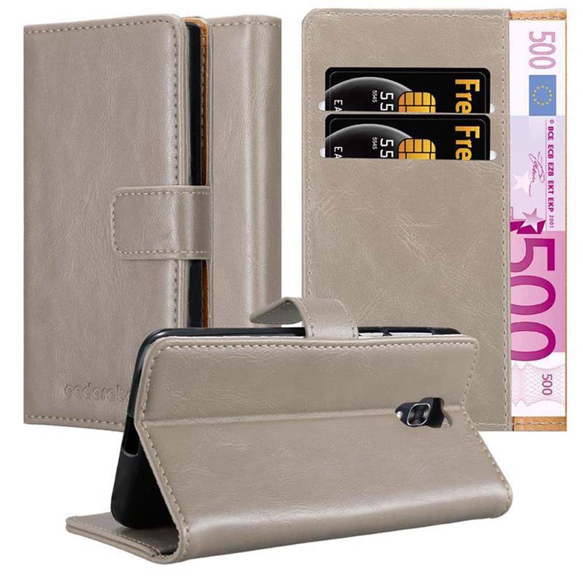 Custodia per telefono in pelle beige con carte e banconote da 500 euro.