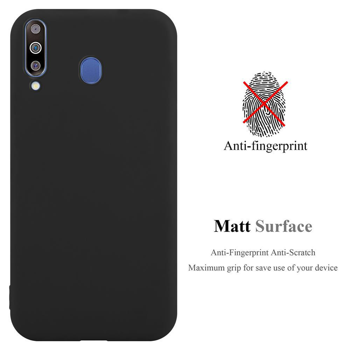 Custodia per telefono nera, anti-impronta, superficie opaca con testo e simbolo impronta digitale.
