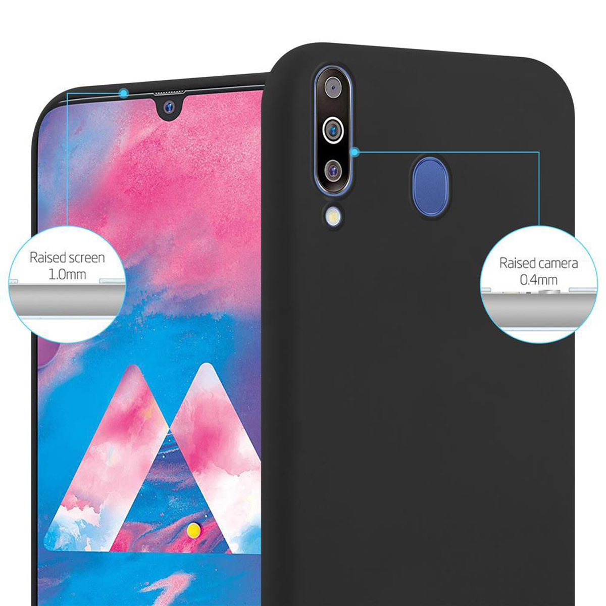 Custodia per telefono nera con schermo e fotocamera rialzati. Lo schermo mostra uno sfondo rosa.
