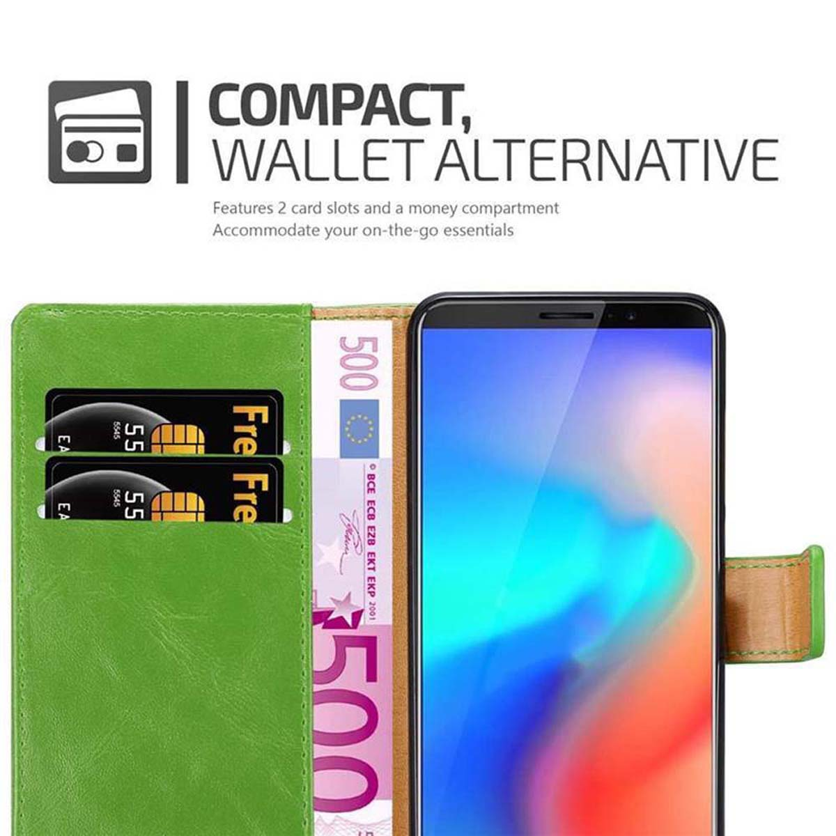 Una custodia verde con due slot per carte e una banconota. Testo: 'COMPACT, WALLET ALTERNATIVE'.