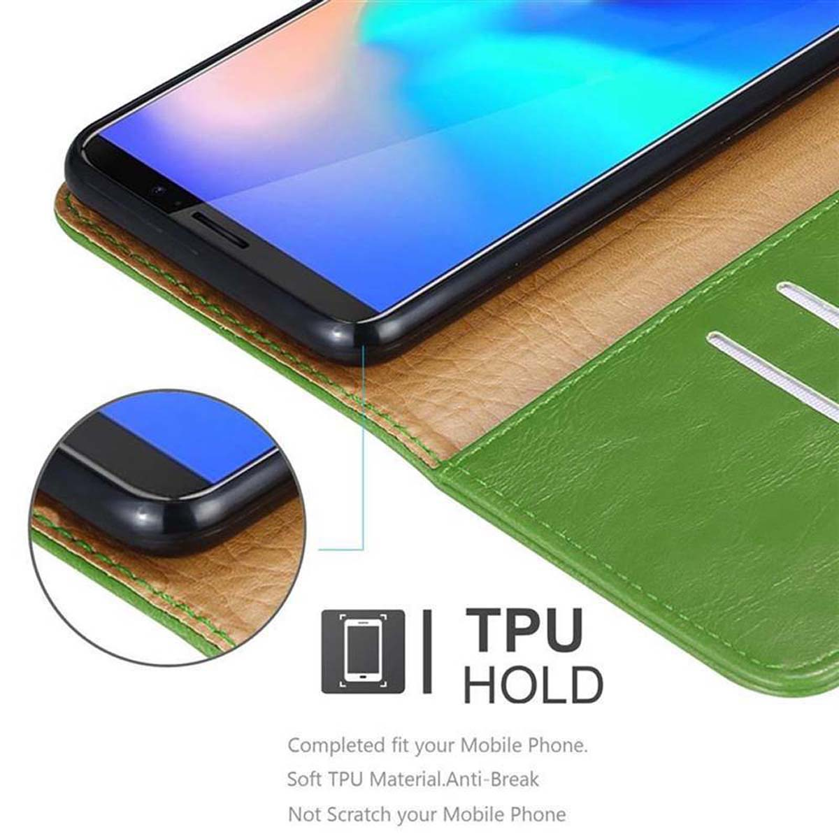 Custodia per telefono e telefono che mostra. La custodia è verde, il telefono ha uno schermo blu, con testo TPU.