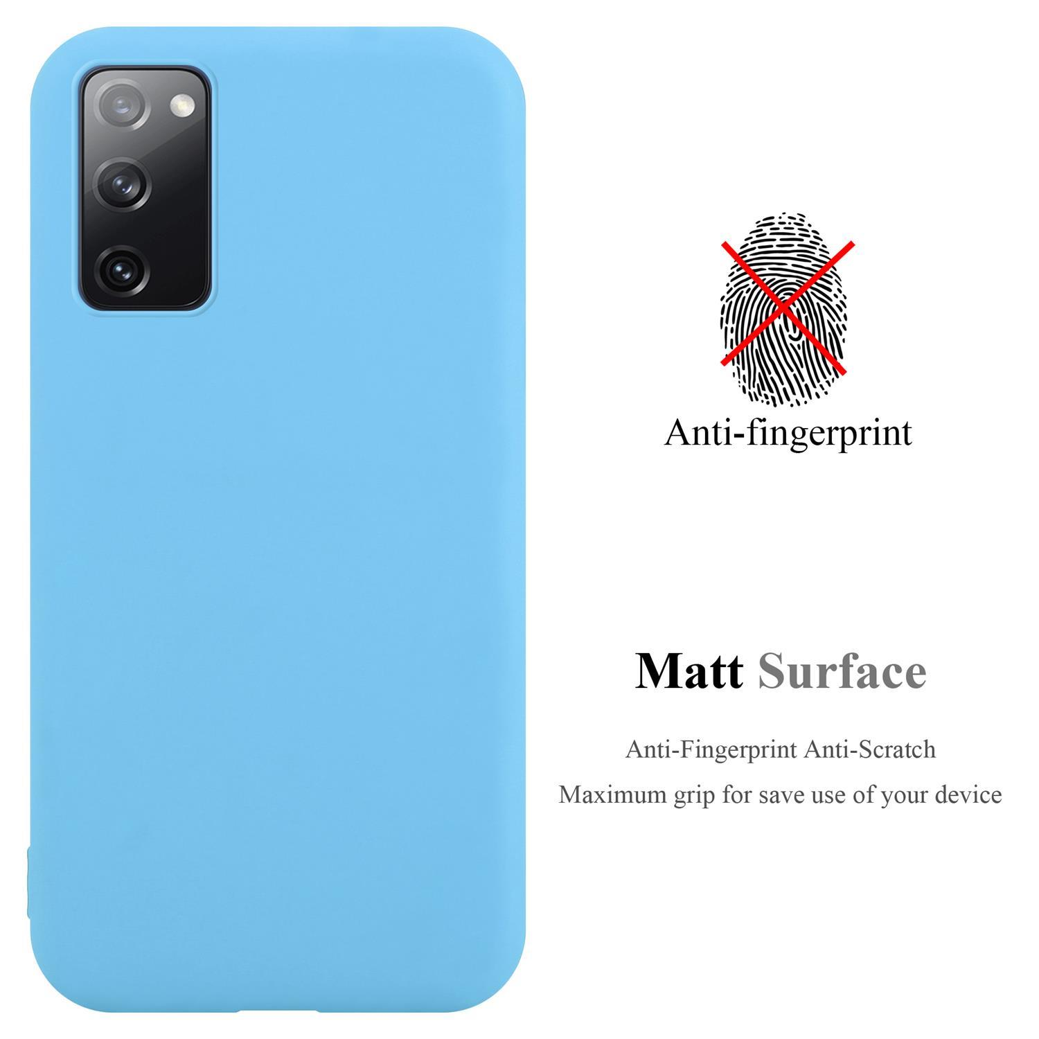 Hellblaue Handyhülle mit Anti-Fingerabdruck und matter Oberfläche. Text über dem Bild.