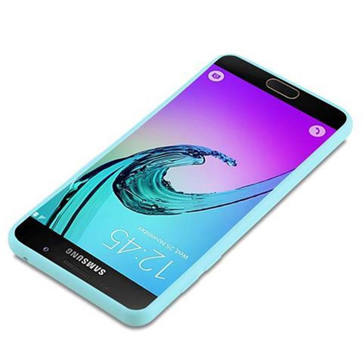 Vista angolata di un telefono azzurro in una custodia azzurra. Lo schermo mostra una sfumatura colorata.