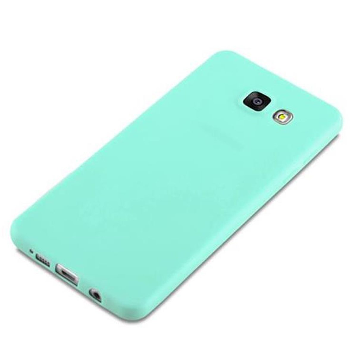 Una custodia per telefono verde acqua su sfondo bianco.