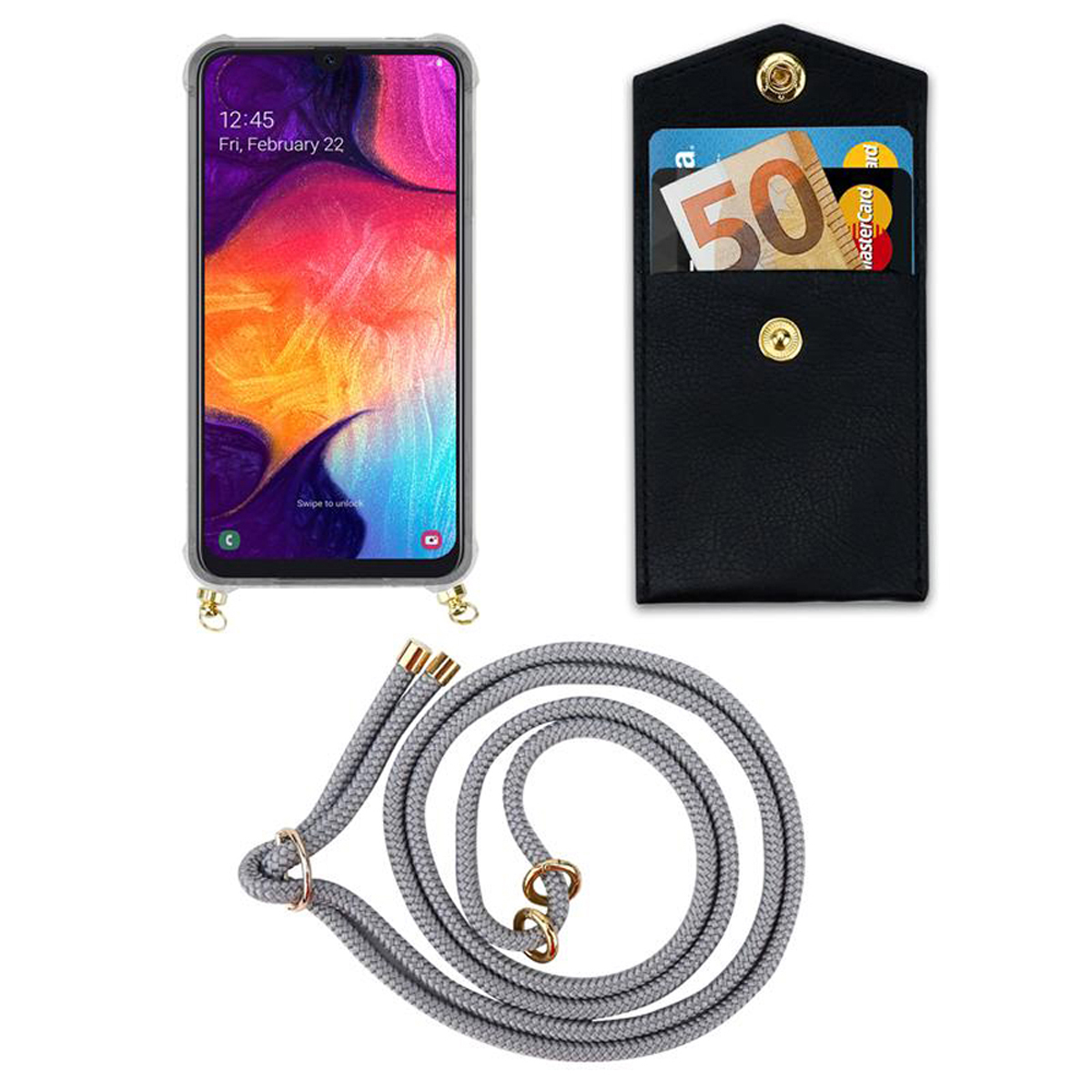 Ringen, A50 / SILBER Galaxy Gold abnehmbarer A50s mit Band / 4G Kette Handy A30s, und Hülle, Samsung, CADORABO Backcover, GRAU Kordel