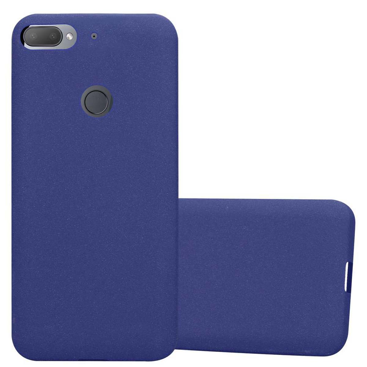 Custodia per telefono blu. Sono mostrate due custodie, una in posizione verticale e una sdraiata.