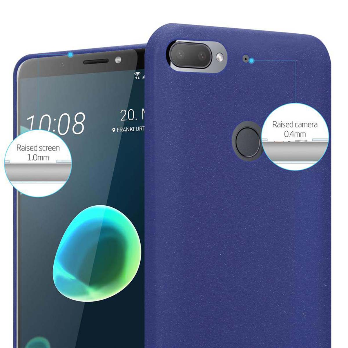 Una custodia blu con schermo. Il testo mostra i dettagli dello schermo e della fotocamera. Lo sfondo è bianco.