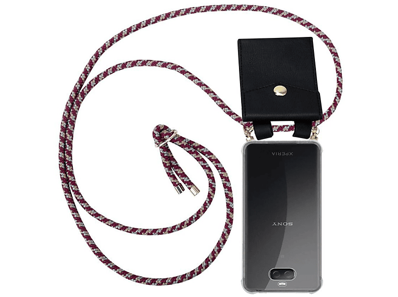 CADORABO Handy Kette mit Gold Ringen, Kordel Band und abnehmbarer Hülle, Backcover, Sony, Xperia 10 PLUS, ROT GELB WEIß